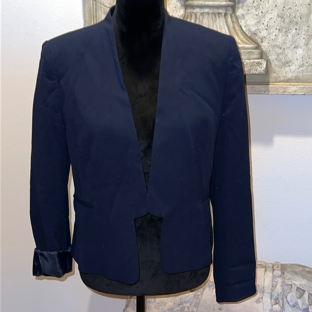 Nine West crop dark blue fitted lined blazer suit jacket Sz 10